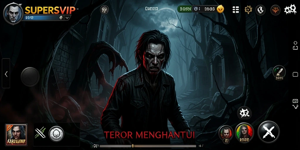 Screenshot gameplay <strong>SUPERSVIP</strong> yang menggambarkan suasana mencekam dan menakutkan.