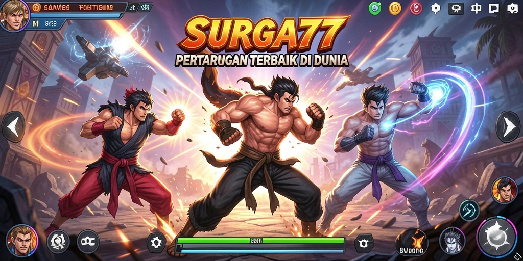 Tampilan aksi mendebarkan dalam SURGA77 saat karakter bertarung.